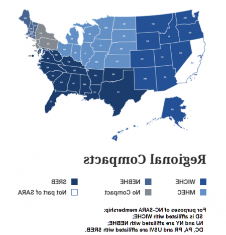 美国地图显示按州授权互惠协议区域契约分组的州.